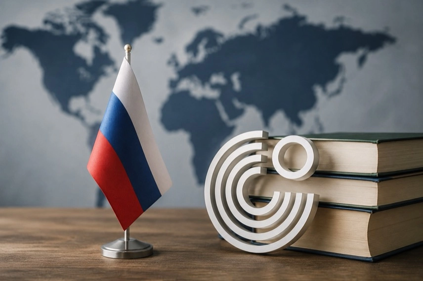 Geschlossener Eingang einer Kulturinstitution mit deutsch-russischen Sprachlernmaterialien auf einem Tisch.