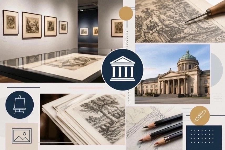Ausstellungsraum im Kunstmuseum Karlsruhe mit historischen Zeichnungen und Druckgrafiken an weißen Wänden