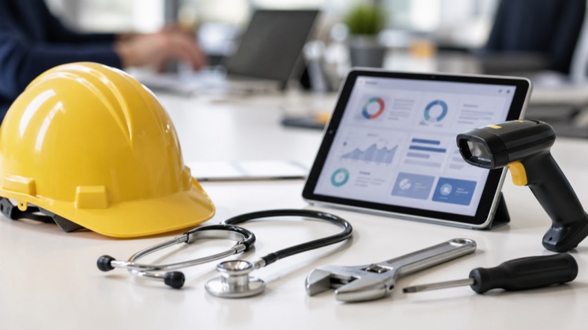 Arbeitsutensilien auf hellem Tisch als Symbol für Labour Day, Digitalisierung und moderne Arbeitswelt