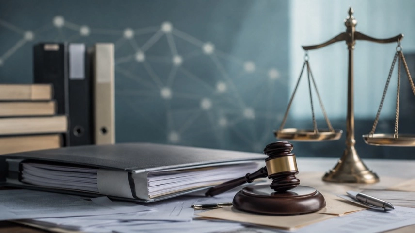 Aktenordner, Dokumente und Justizsymbol auf einem Tisch als Darstellung von Korruptionsvorwürfen und Staatsanwaltschaft in Baden-Württemberg.