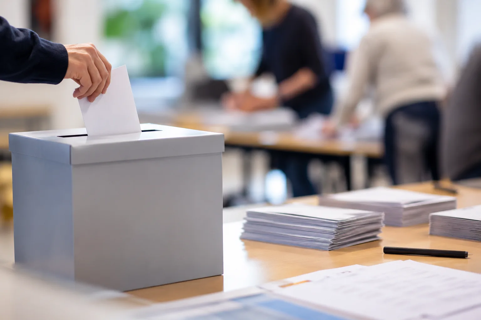 Wahlurne und Stimmzettel an einem Wahltisch mit anonymen Wahlhelfern im Hintergrund.