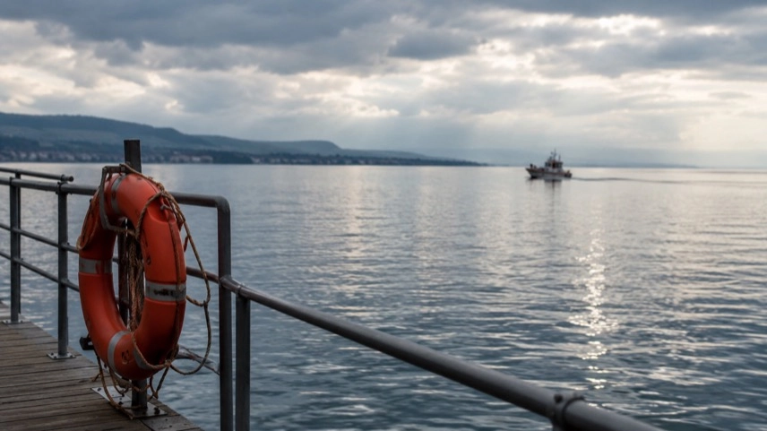Steg mit Rettungsring am Bodensee, ruhiges Wasser und Boot in der Ferne bei bedecktem Himmel