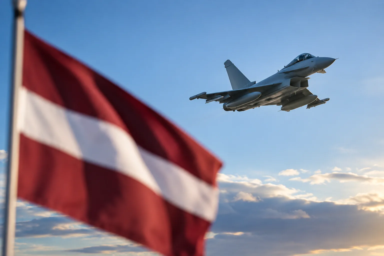 Deutscher Eurofighter am Himmel mit lettischer Flagge als Motiv für den NATO-Luftraumschutz in Lettland.