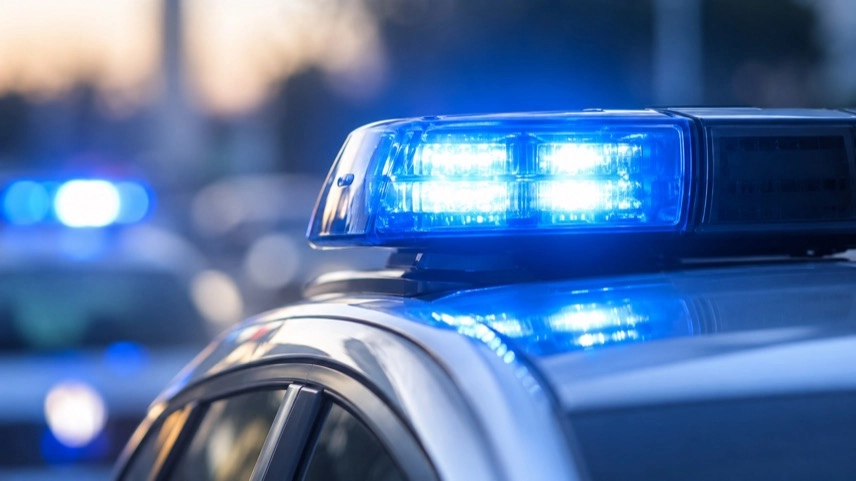 Smart-TV mit abstrakter Netzwerkanzeige und unscharfem Blaulicht eines Polizeifahrzeugs im Hintergrund.