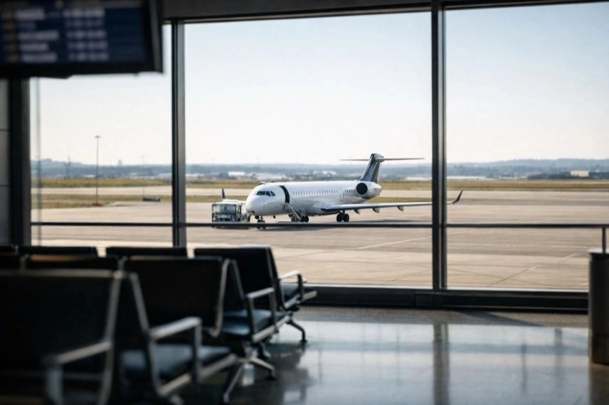 Leeres Gate am Flughafen Stuttgart mit abgestelltem Regionalflugzeug auf dem Rollfeld nach Wegfall Lufthansa Cityline