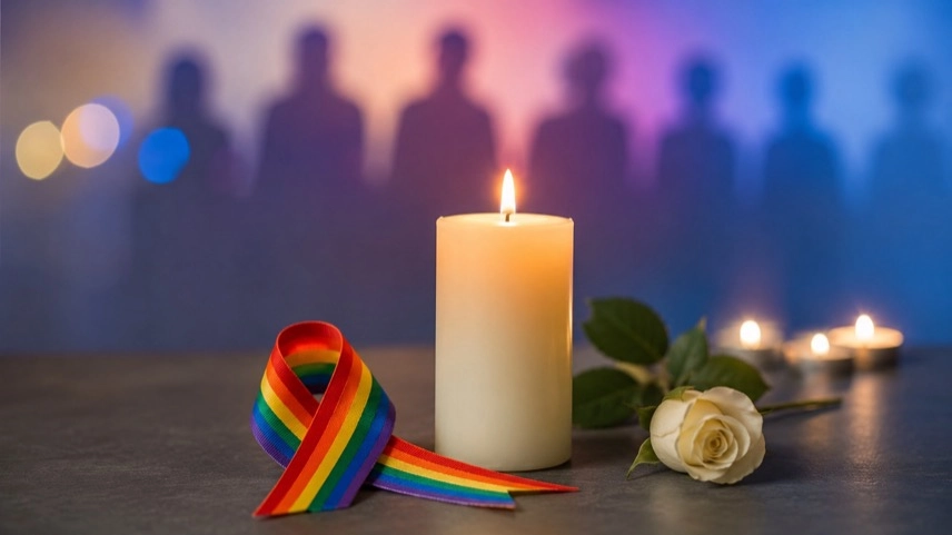 Kerze, Regenbogen-Schleife und neutrale Dokumente als Symbol für Mahnwache in Frankfurt und Solidarität nach dem Berliner CSD-Angriff.
