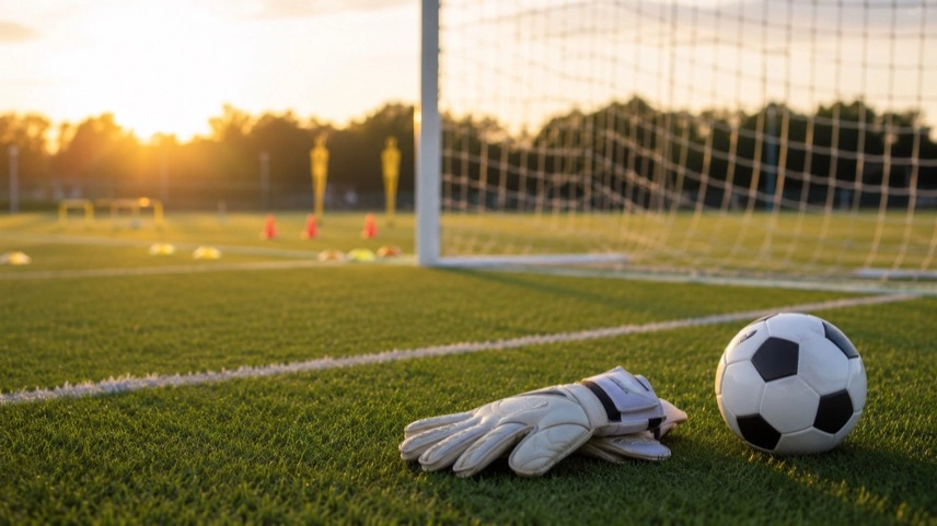 Torwarthandschuhe und Fußball vor einem Tor auf einem Trainingsplatz während der Vorbereitung auf die Weltmeisterschaft