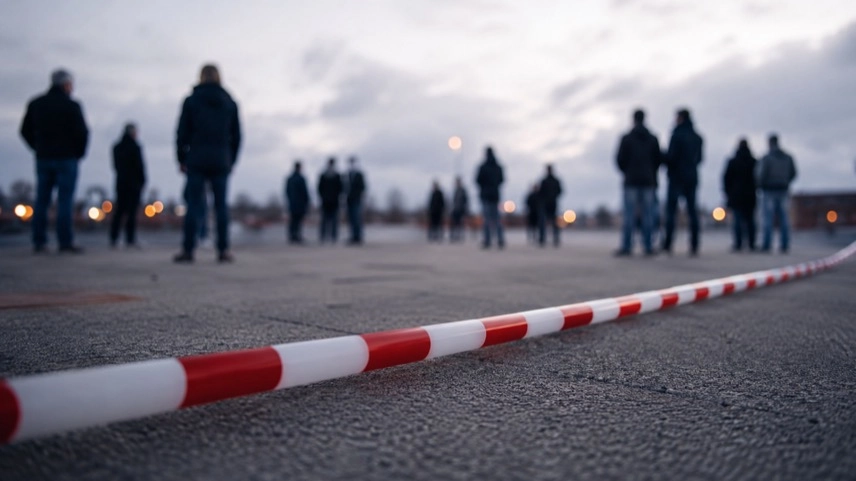 Anonyme Personengruppe auf öffentlichem Platz mit Absperrband als Symbol für Konflikte und Polizeiermittlungen