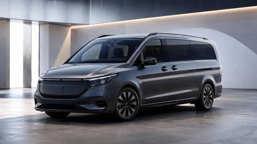 Neutraler elektrischer Großraumwagen als Symbol für den Mercedes VLE und die neue Van-Strategie.