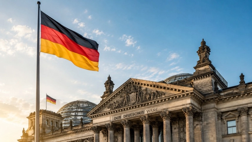Eine Person blickt vor einem modernen Regierungsgebäude mit deutschen Fahnen in den Himmel. Es handelt sich um ein journalistisches Symbolbild zur Bundespolitik.