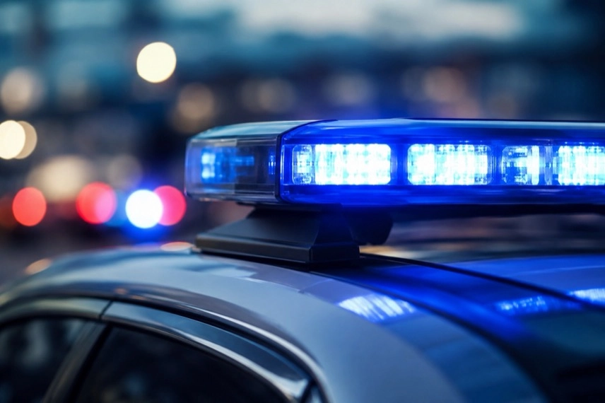 Blaulicht auf einem neutralen Polizeifahrzeug vor unscharfem Hintergrund