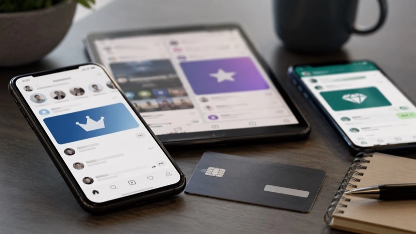 Smartphone mit Social-Media-App, Abo-Symbolen und Kreditkarte als Darstellung von Meta Plus und Premiumfunktionen