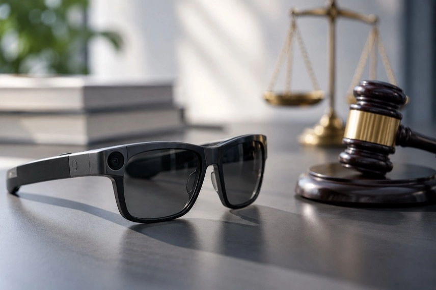 Smart Glasses mit integrierter Kamera neben einem Smartphone und einem Datenschutz-Symbol auf einem Bildschirm.