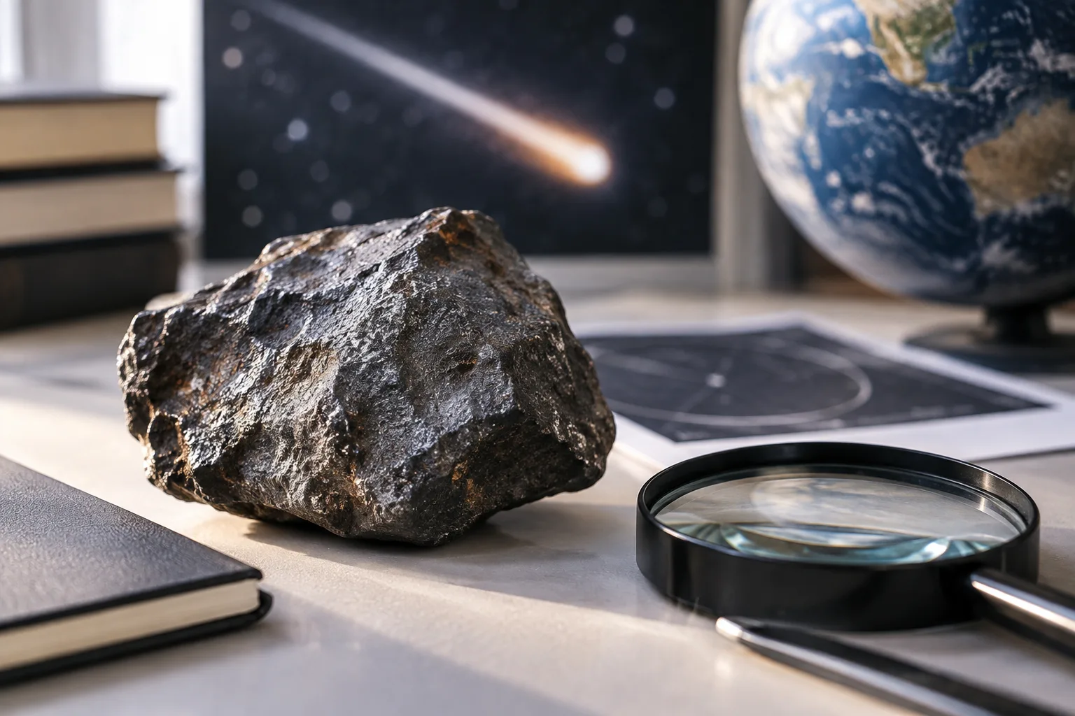 Dunkles Meteoriten-Gesteinsstück neben einer Lupe und einem geschlossenen Notizbuch auf hellgrauer Unterlage.