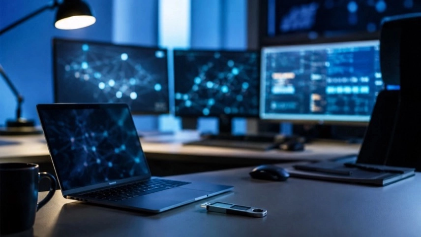Arbeitsplatz mit mehreren Monitoren, Sicherheitsgrafiken und Laptop als Symbol für Windows-Schwachstelle und Cybersicherheit