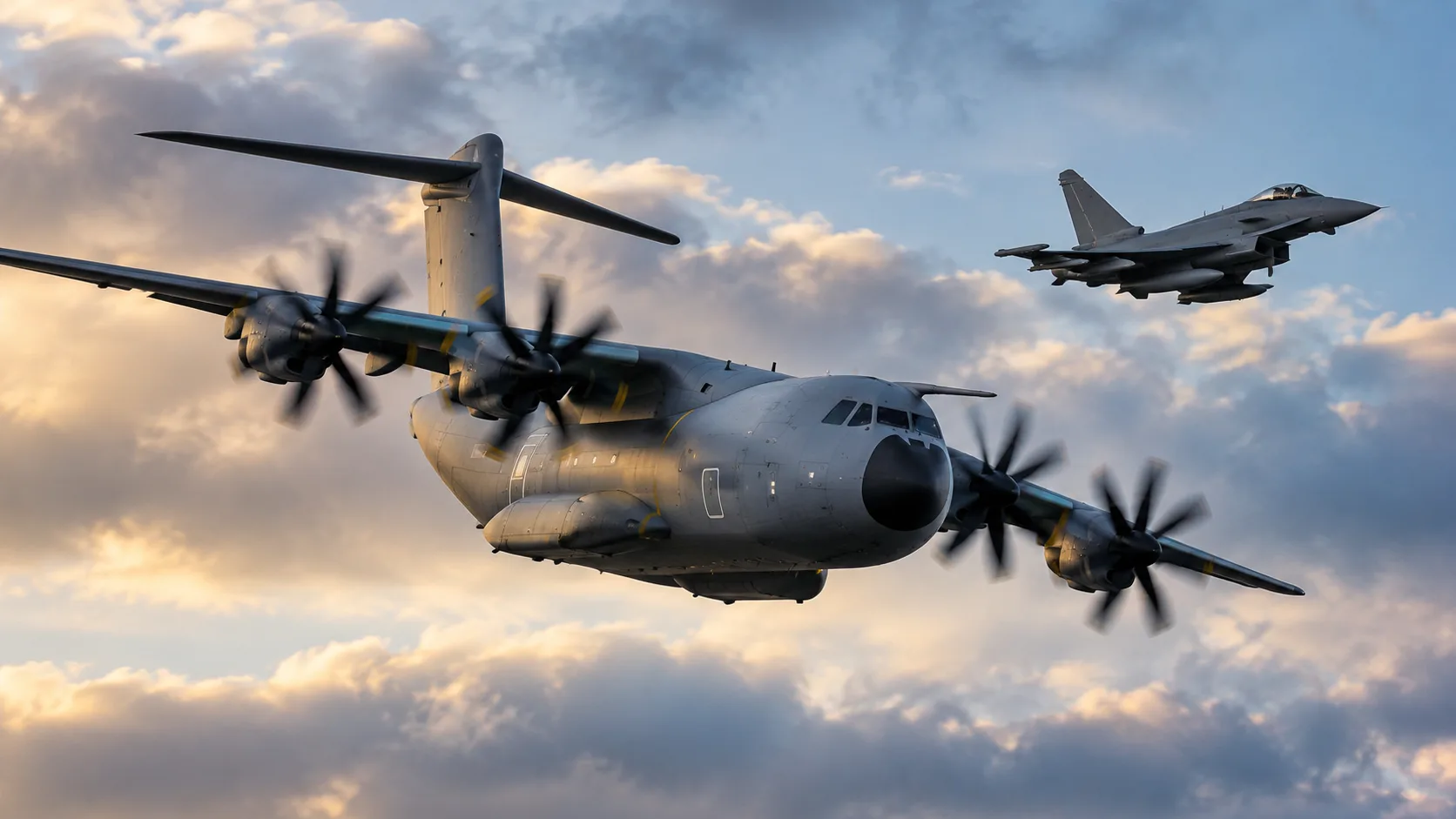 Militärisches Transportflugzeug und Kampfflugzeug am bewölkten Himmel.