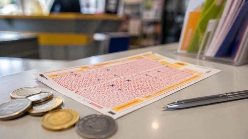 Ausgefüllter Lottoschein mit Zahlen auf Tisch neben Münzen, Symbol für Lottogewinn und Lottoziehung in Erfurt