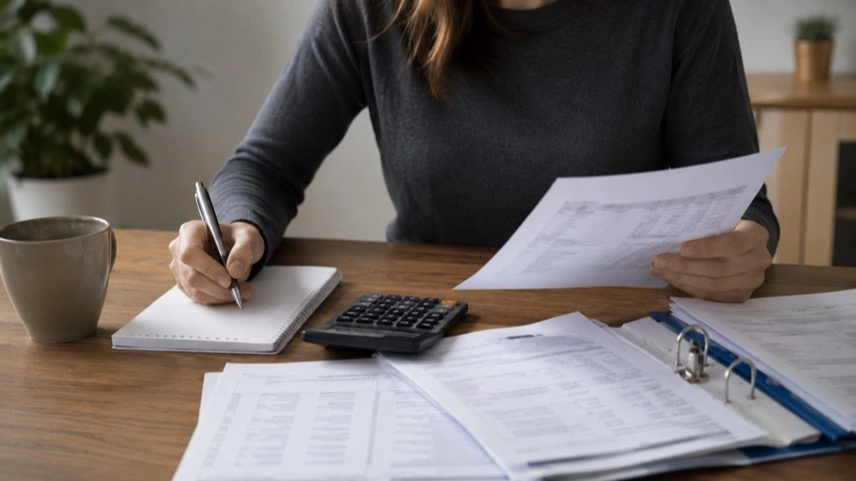 Person prüft Gehaltsabrechnungen, Sozialversicherungsunterlagen und Arbeitszeitnachweise zum Thema Minijob in Deutschland
