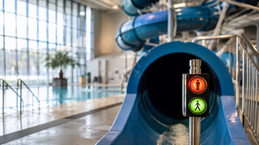 Sicherheits- und Hinweisschilder an einer Wasserrutsche in einem Freizeitbad mit Ampelanlage zur Freigabe