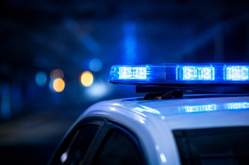 Generisches Polizeifahrzeug mit Blaulicht auf anonymer Straße bei Ermittlungen nach einem Raubüberfall in Brüssel