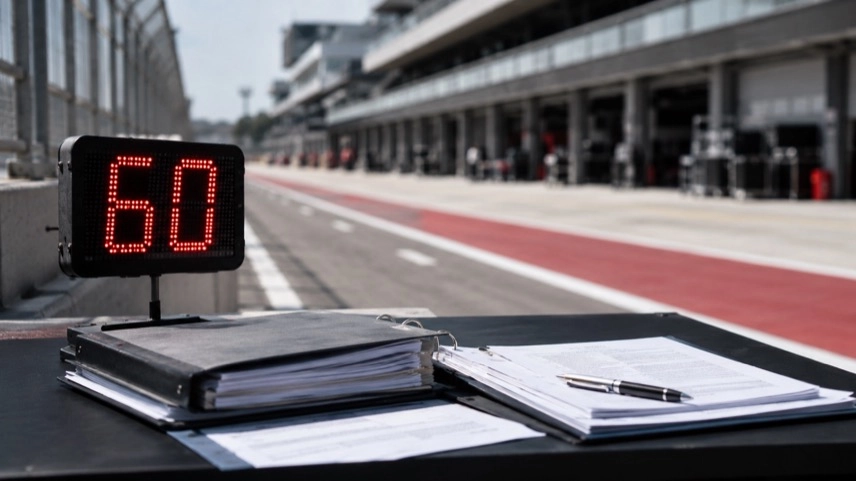 Digitale Geschwindigkeitsanzeige an einer Rennstrecke mit Dokumenten und Reglement-Unterlagen zum Formel-1-Rennen