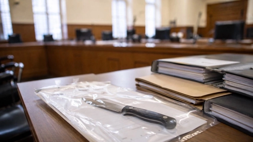 Beweisbeutel mit Messer auf Tisch in einem Gerichtssaal während Ermittlungen im Mordfall Fabian in Rostock