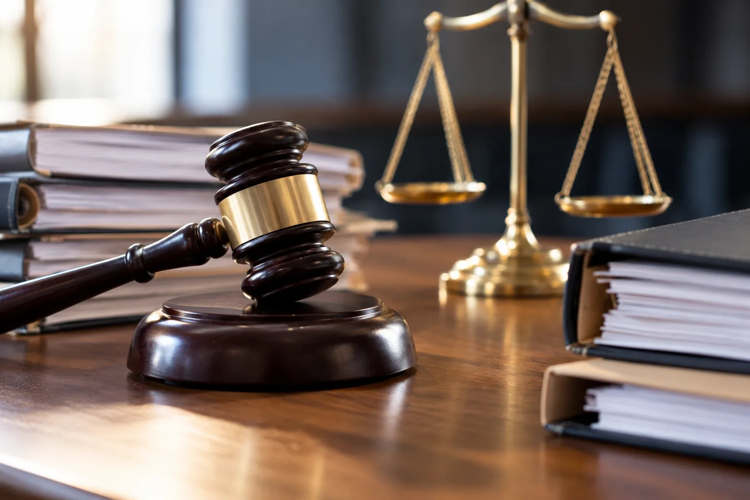 Gerichtsakten, Richterhammer und Justizwaage auf einem Schreibtisch zu einem laufenden Gerichtsverfahren