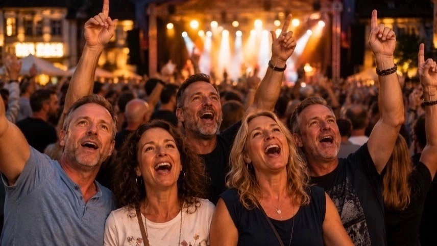 Open-Air-Bühne auf historischem Marktplatz bei Sommerabend mit Publikum während eines Musikfestivals in Bretten