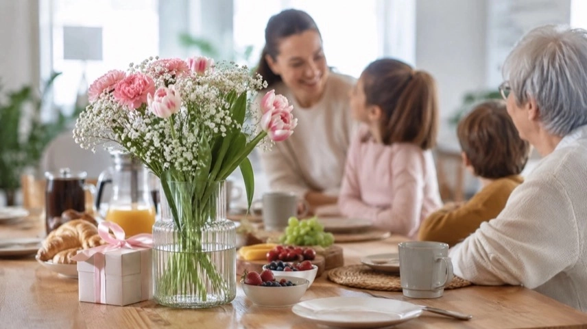Frühstückstisch mit Blumen und Familienbrunch am Muttertag 2026 in Deutschland