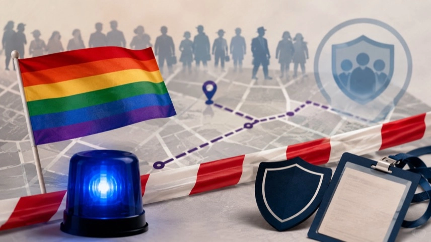 Abstrakte Symbolcollage mit Regenbogenfahne, neutralem Absperrband und grafischen Sicherheitssymbolen zum Thema CSD und Sicherheit