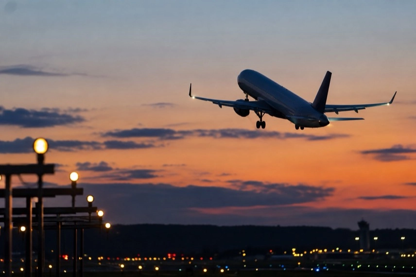 Verkehrsflugzeug in der Dämmerung über den Lichtern eines Flughafens als Motiv für Nachtflüge in Nürnberg