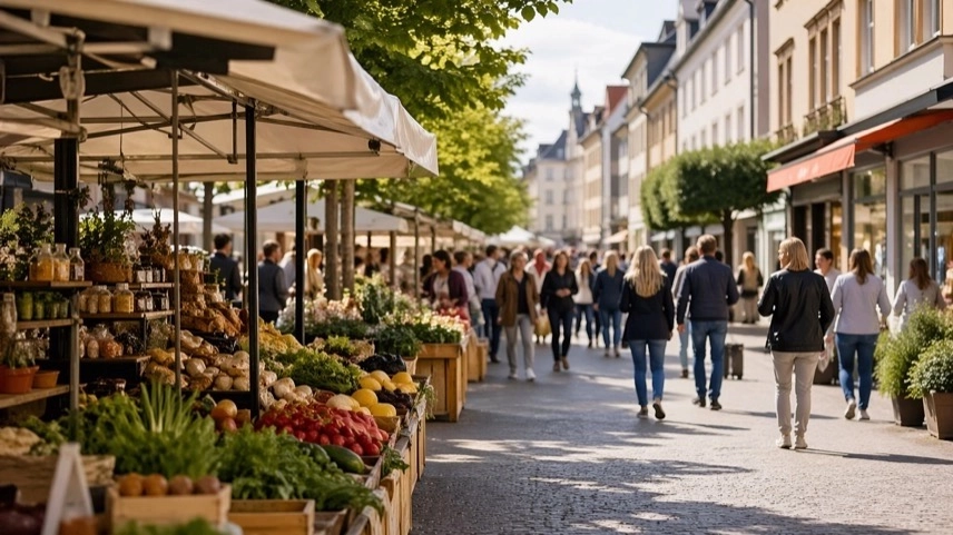 Besucher auf Naturparkmarkt Bretten mit Marktständen und geöffneten Geschäften in der Innenstadt