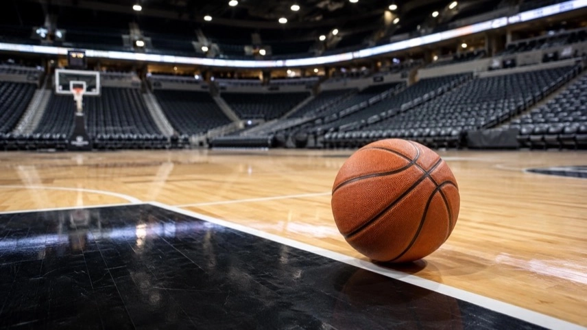 Leerer Basketballplatz in einer Indoor-Arena mit Basketball am Spielfeldrand und dunklen Tribünen im Hintergrund