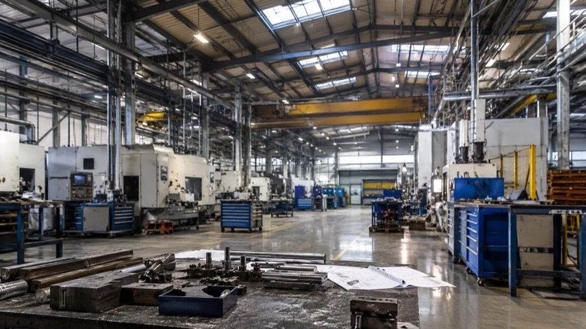 Leere Industriehalle mit Fertigungsanlagen und Arbeitsplätzen als Symbol für den NEFF-Standort in Bretten