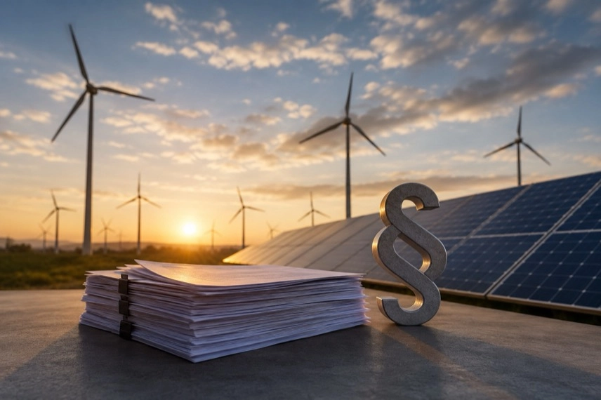 Strommast mit Hochspannungsleitungen sowie Windkraftanlage und Solarmodule als Symbol für Netzanschlusspaket und Energiewende