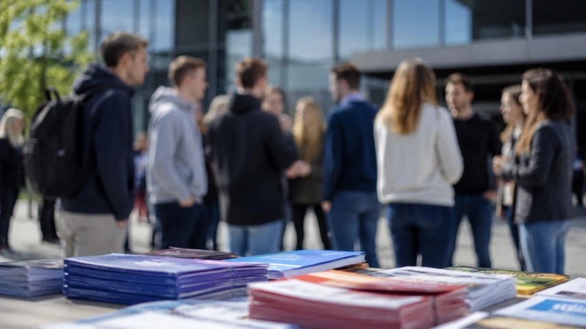 Junge Erwachsene bei einer politischen Diskussionsrunde vor einem Verwaltungsgebäude in Baden-Württemberg