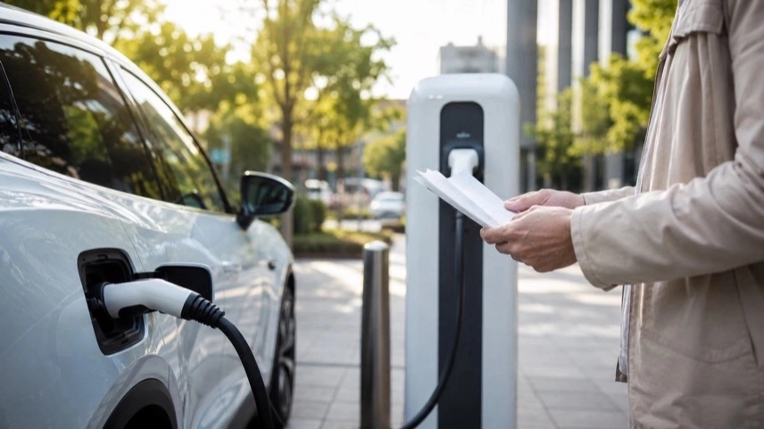 Elektroauto an öffentlicher Ladesäule mit Förderunterlagen zur neuen E-Auto-Förderung 2026