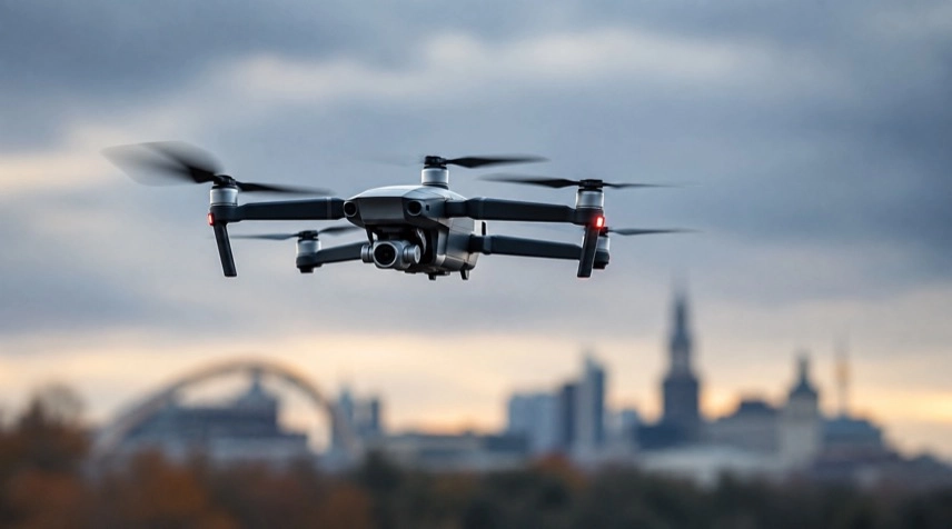 Drohne vor einem neutralen Frachtflughafen mit Frachtflugzeug im Hintergrund.