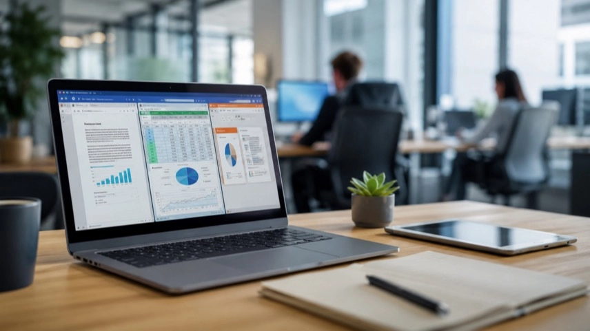Laptop mit Office-Dokumenten, Tabellen und Präsentationen in einer modernen digitalen Arbeitsumgebung