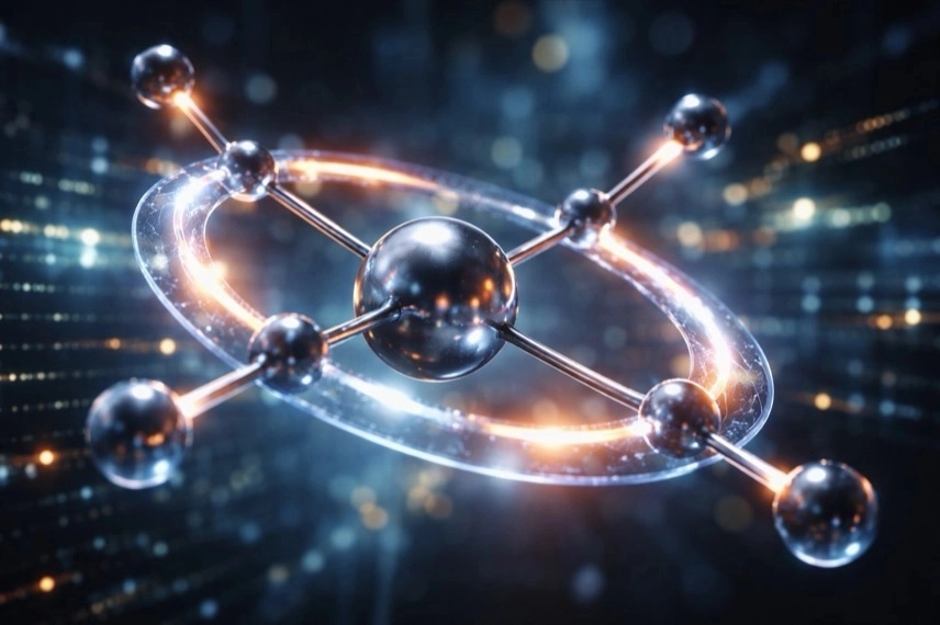 Abstrakte Molekülstruktur einer Seltenerd-Verbindung mit ringförmigen Elementen, visualisiert als Konzept für Datenspeicher