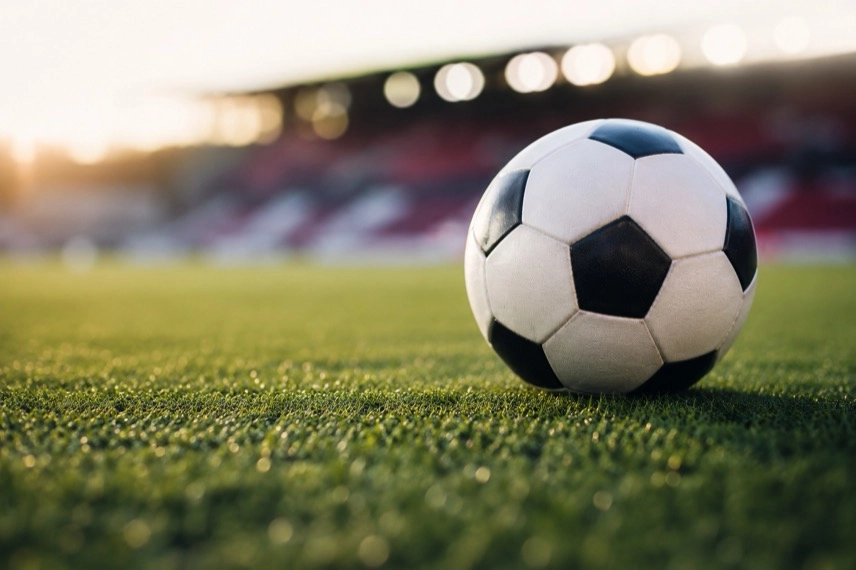 Fußball, neutrales Trikot und Sporttasche auf einer Bank an einem Fußballplatz.