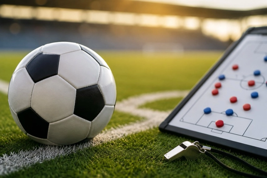 Leerer Fußballplatz mit Ball auf der Mittellinie und Ersatzbank im Hintergrund