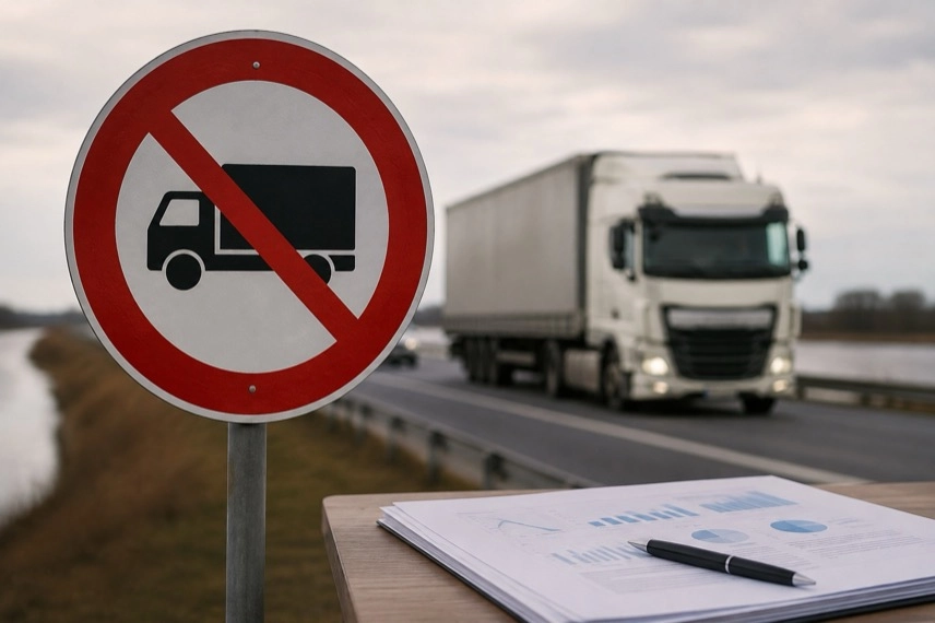 Lkw auf einer Straße neben einem Wasserweg mit niedrigem Wasserstand als Motiv zu Niedrigwasser und Güterverkehr
