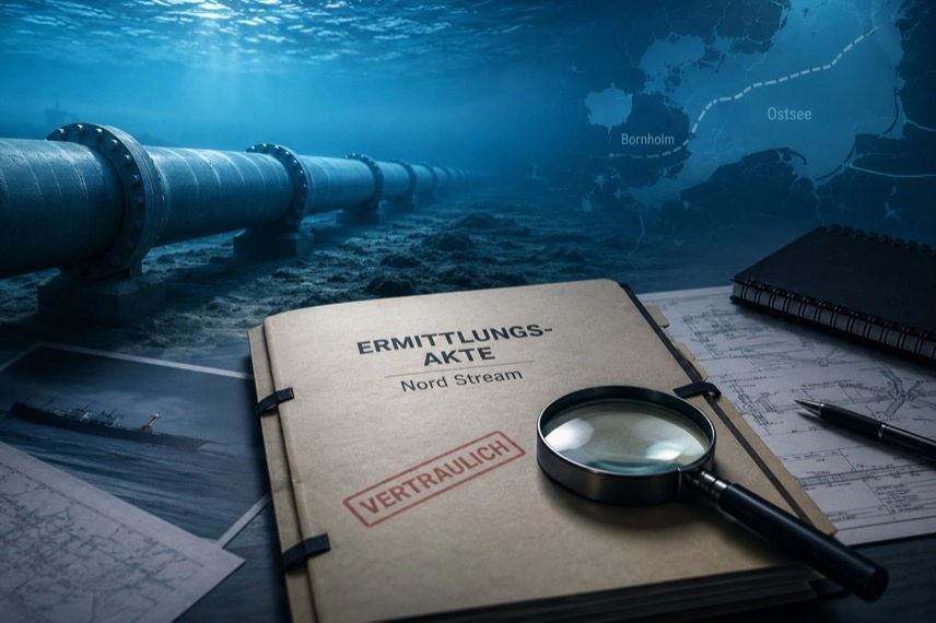 Eine stilisierte Offshore-Gaspipeline unter Wasser sowie eine Ermittlungsakte mit Lupe auf einem Schreibtisch.