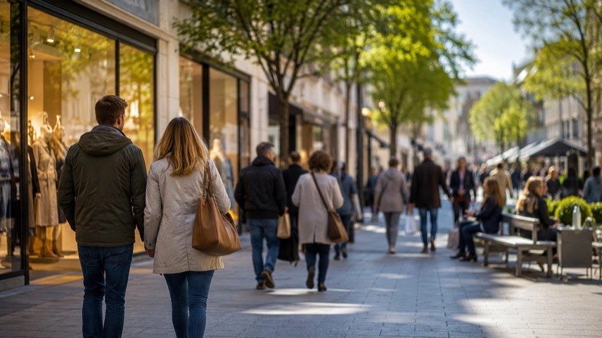 Besucher in einer Fußgängerzone mit geöffneten Geschäften während eines verkaufsoffenen Sonntags in Nordrhein-Westfalen