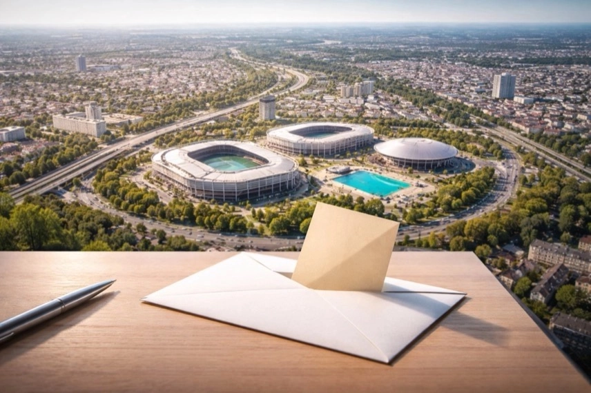 Städte in NRW mit Sportstätten und Wahlumschlag als Symbol für Bürgerentscheide zur Olympia-Bewerbung KölnRheinRuhr