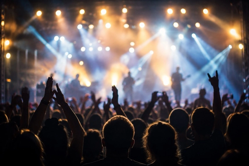 Leere Konzertbühne mit Mikrofon und E-Gitarre vor Publikum bei einem Indie-Konzert.