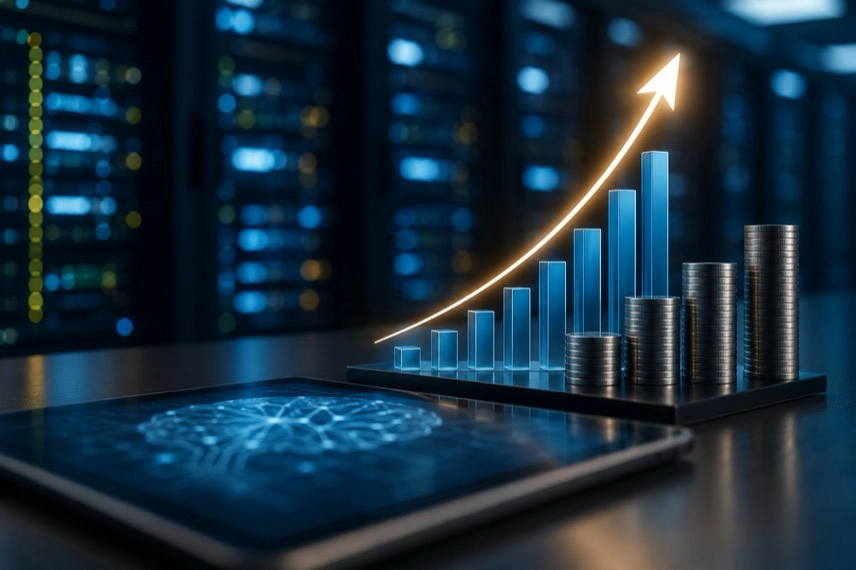Arbeitsplatz mit Servertechnik, Finanzdiagrammen und abstrakten Datenanzeigen zur Finanzierung von KI-Infrastruktur