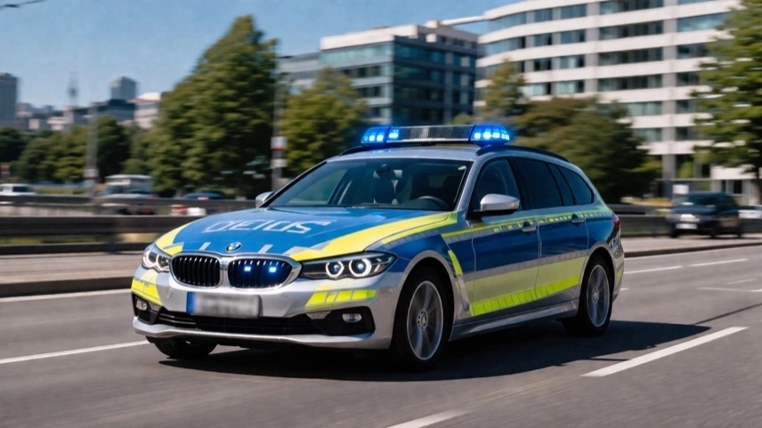 Abgesperrter Bereich vor leerstehendem Gebäude nahe Bahnhof Karlsruhe bei Nacht mit Polizeiband und Blaulichtreflexen