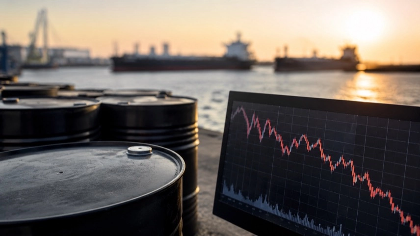 Digitale Kursanzeige mit fallenden Ölpreisen, Ölfässern im Hafen und Frachtschiffen auf einer internationalen Handelsroute
